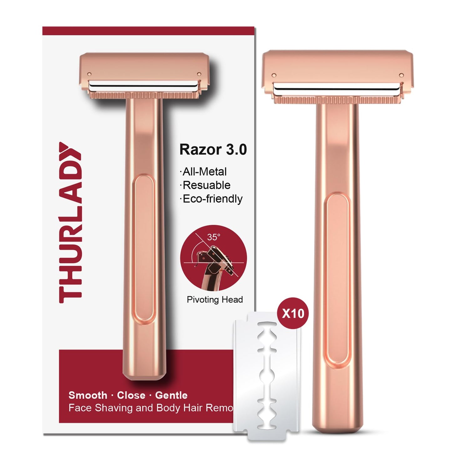 Razors for Women, Dual-Blade Safety Razor with Pivoting Head, Reusable Metal Shaving Razor, with 10 Double Edge Blades, Smooth Close Shave, Rose Glod