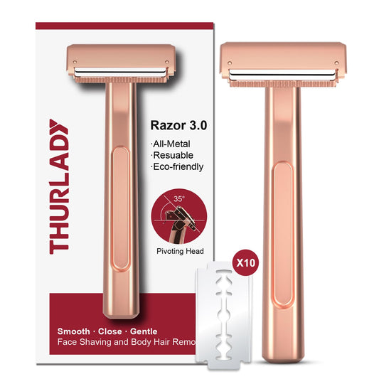 Razors for Women, Dual-Blade Safety Razor with Pivoting Head, Reusable Metal Shaving Razor, with 10 Double Edge Blades, Smooth Close Shave, Rose Glod