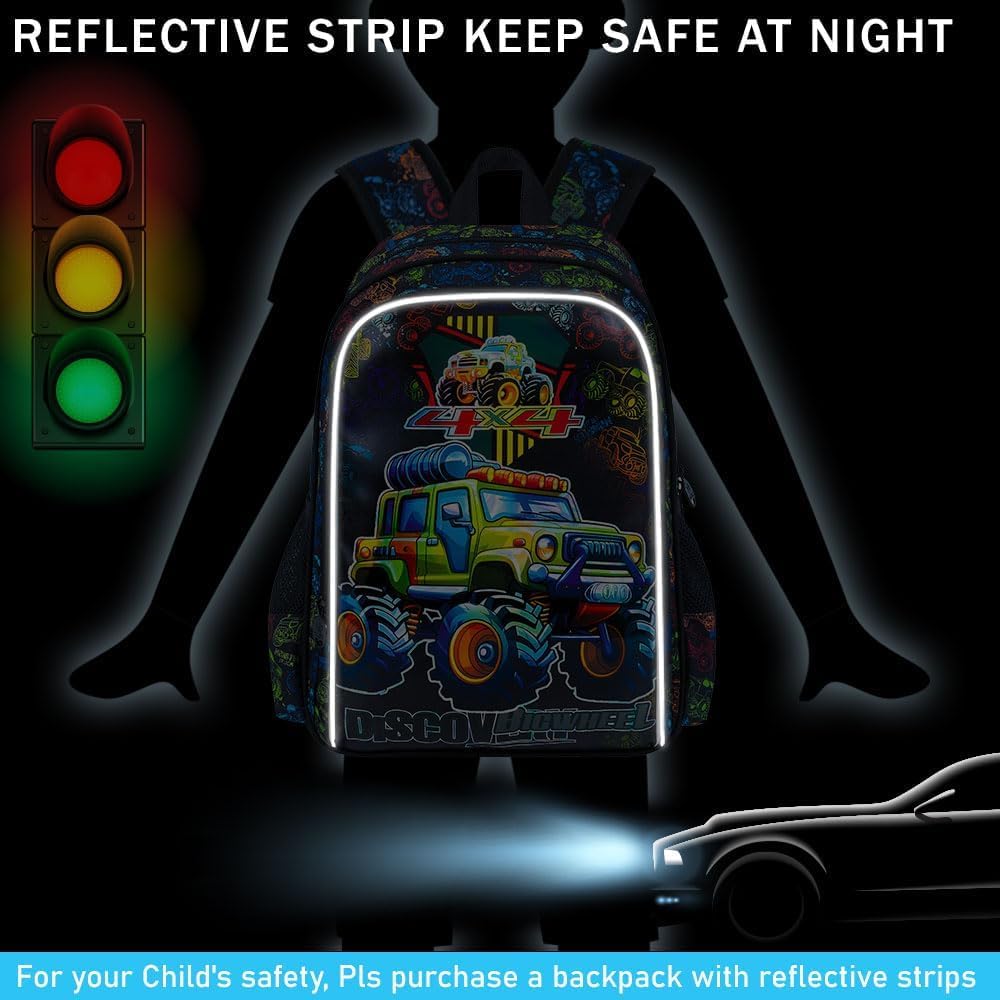 gxtvo 3PCS Boys Truck Backpack, 16" Kids Car Bookbag with Lunch Box, Water Resistant Elementary Preschool Toddler School Bag