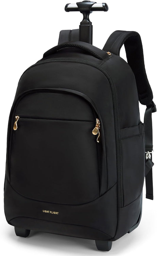 LIGHT FLIGHT 37L Rolling Travel Backpack, Water-Resistant Travel Laptop Backpacks with Wheels for Adults, 17 Inch Large Roller College Backpack Luggage Carry on, Black