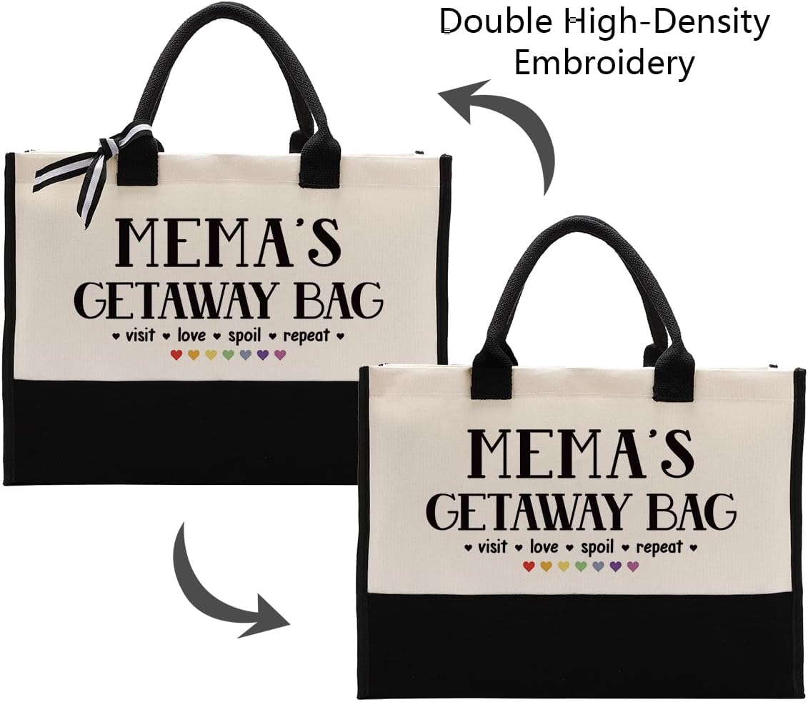 Canvas Bag Gift for Mema, Mema Gift, Mema's Getaway Bag, Cotton Canvas Tote Bag, Shoulder Beach Bag, Reusable Shopping Bag, Women Canvas Bag Gift for Mema, Birthday Mother's Day Gift for Mom Grandma