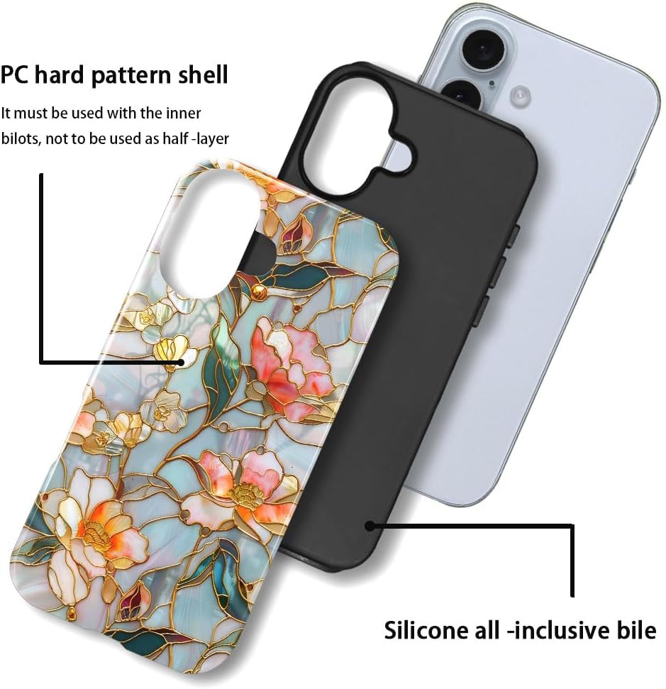 Case for iPhone 16 - Slim Fit Anti-Scratch Phone Case for Girl Women - Stained Glass Aesthetic Flowers (Glossy)