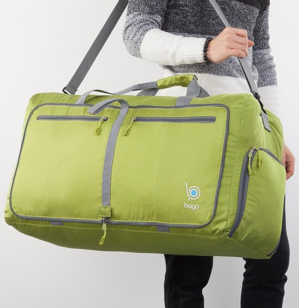 Bago Large Foldable Duffel Bags for Traveling Women & Men - 80L Packable Duffle Bag for Travel with Shoe Compartment - Water Repellant, Heavy Duty, Lightweight Folding & Collapsible (Green)