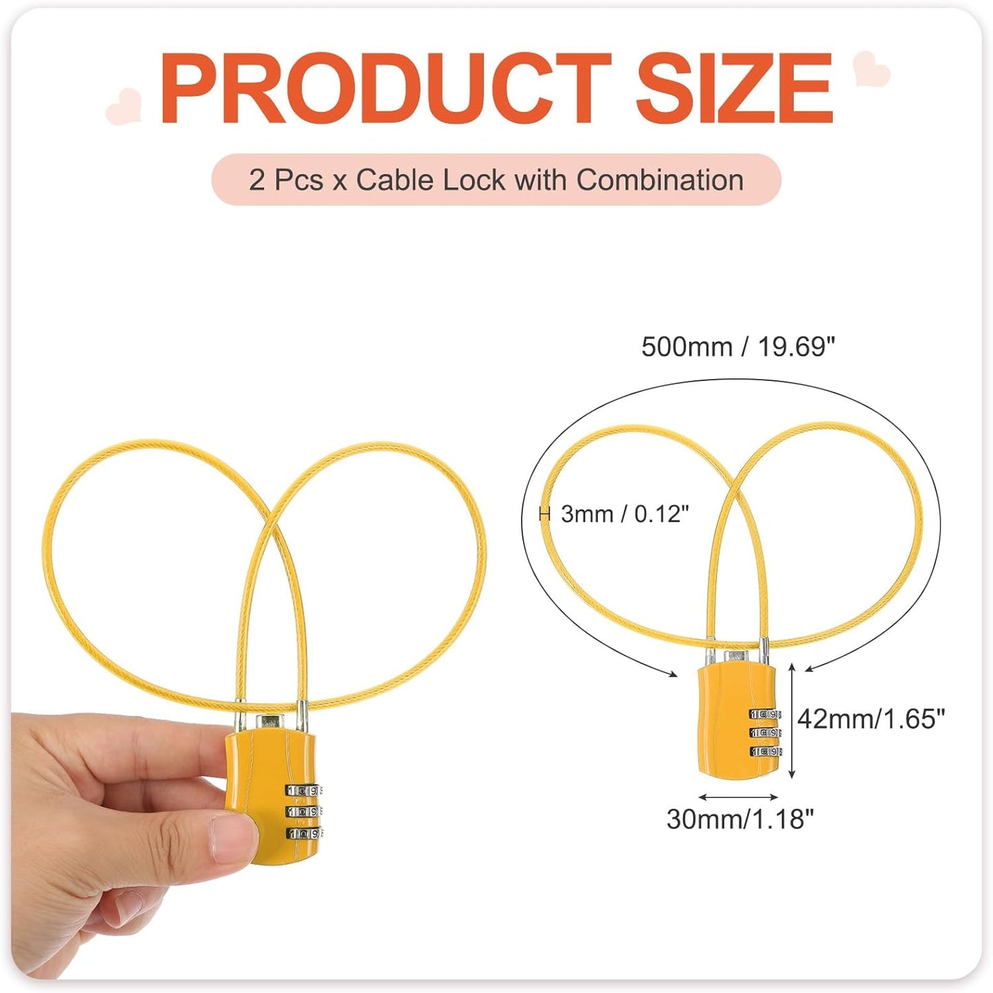MECCANIXITY 2 Pcs Luggage Travel Lock, 3 Digit Cable Combination Lock 1-3/16" Width Body with 20" Long Cable for Suitcase Bag Cabinets Small Fences Gym, Yellow