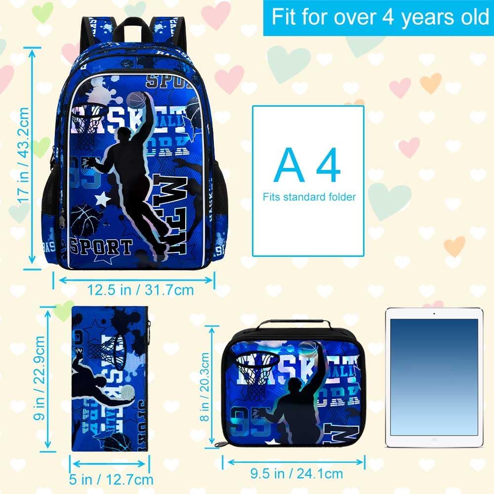 AGSDON 3PCS Boys Backpack, 17" Basketball Kids Bookbag with Lunch Box, Backpacks with Water Resistant and Lightweight for Teenagers