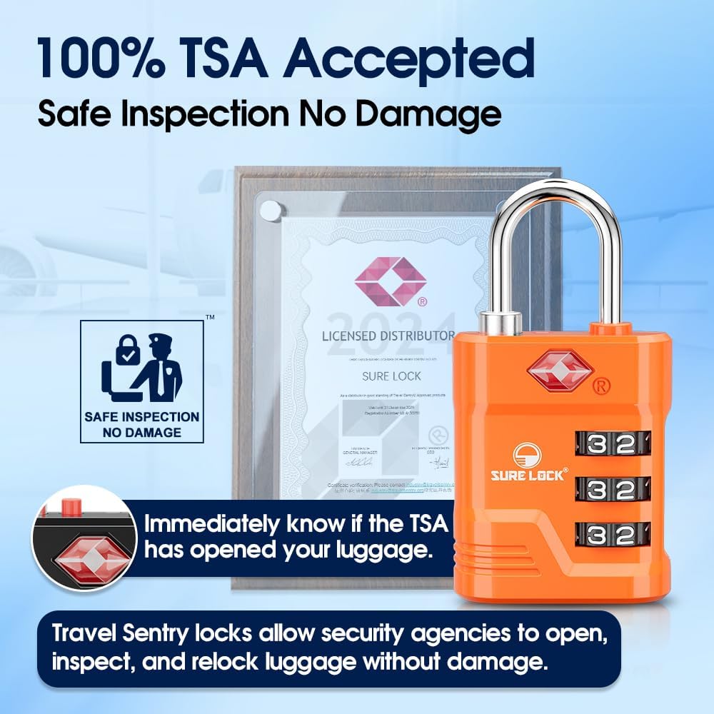 SURE LOCK TSA Locks for Luggage, TSA Approved Luggage Locks with Open Alert, 008 Key for High Security, Easy Read Dials, Zinc Alloy Body, Locker Lock for Suitcase, Gym, Travel. (Orange 4 pk)