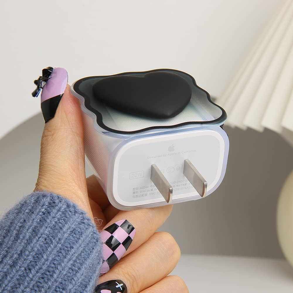 Compatible with iPhone 18W/20W USB-C Charger Cover Lovely 3D Love Heart Waves Clear Soft Charger Protector Cute Cable Saver for iPhone 11 12 13 14 Pro Max Fast Power Adapter, Black 1 (5in1)
