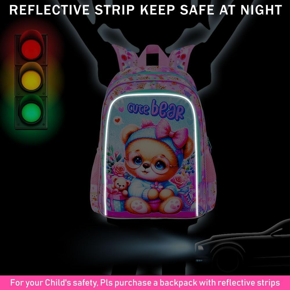 KLFVB 3PCS Girls Bear Bookbag, Water Resistant Kids Backpack with Lunch Box, 16" Preschool Backpacks for Elementary - Bear Pink
