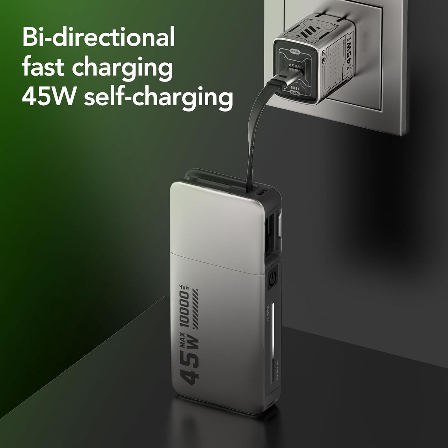MFish 45W Power Bank, Portable Charger Built-in Retractable Cables with LED Display, 10000mAh 2 USB-C Fast Charging Powerbank for iPhone 16/15 Series, MacBook, and More