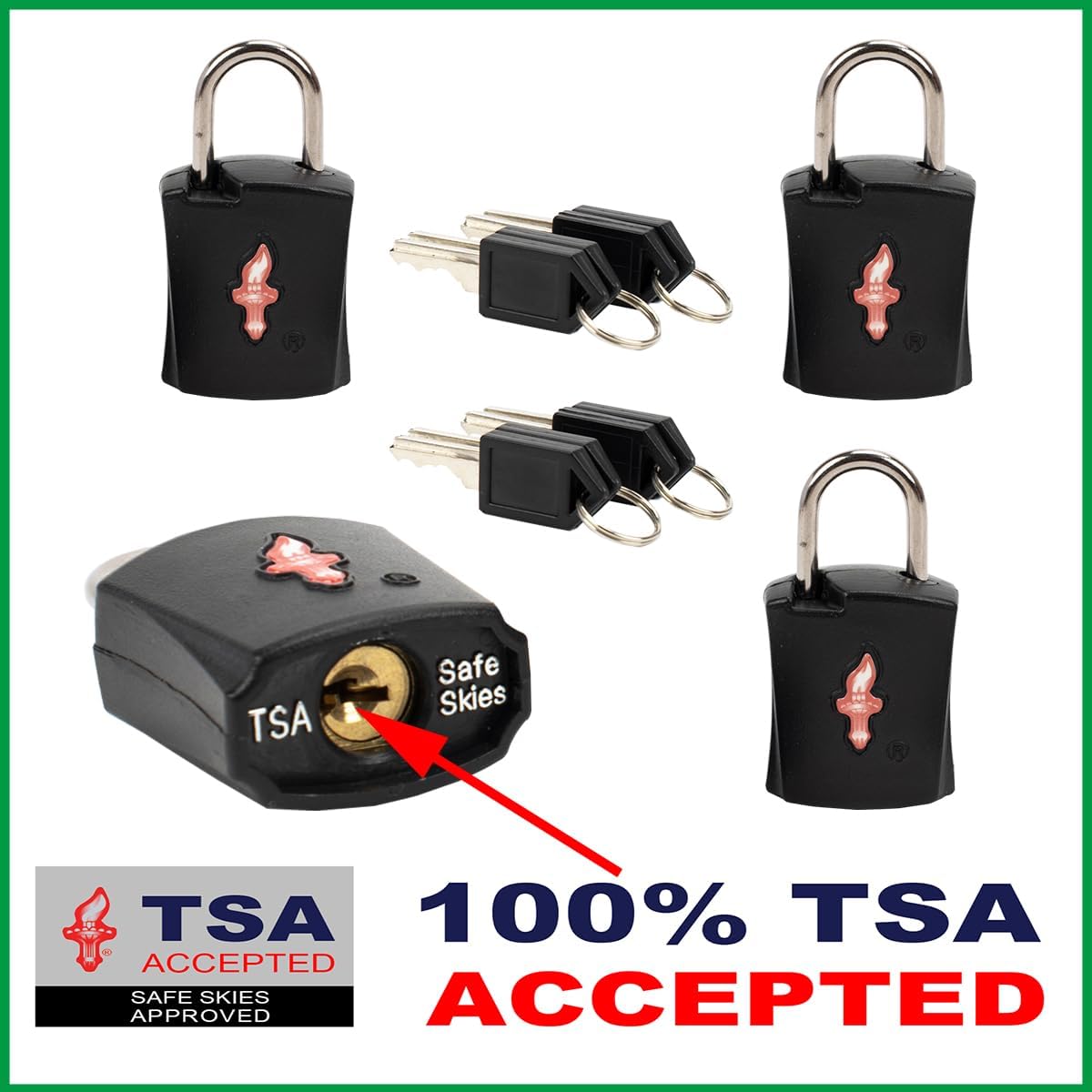 4 Pack Black TSA Approved Luggage Lock for Suitcases, Carry-On Bags, Backpacks & Laptop Cases