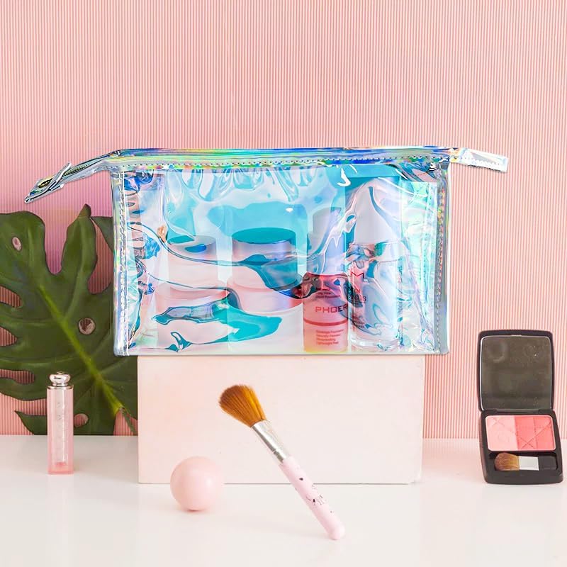 Holographic Transparent Laser Cosmetic Bag TSA Approved Travel Essentials Purse Organizer Bag Iridescent Waterproof PVC Makeup Bag for Women (Rainbow color)