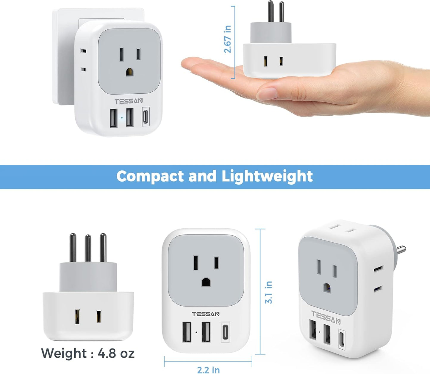 TESSAN Israel Power Adapter, US to Israel Plug Adapter with 4 American Outlets 3 USB Charger (1 USB C Port), Type H Travel Adaptor for USA to Jerusalem