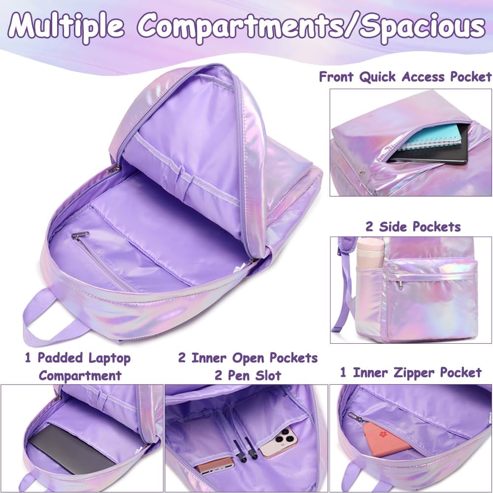 School Backpack for Girls Metallic Purple Girl Backpacks for Kids Elementary Middle School College Teen Girls Casual Daypack Water Resistant
