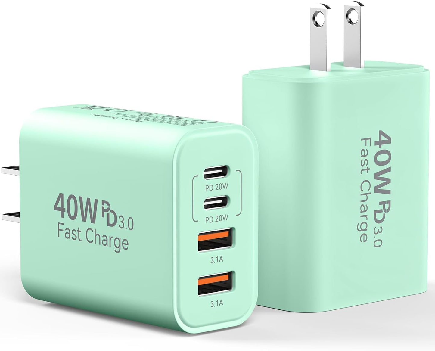 USB C Charger Block, 2-Pack 40W 4-Port Multiple Type C Fast Charging Phone Charger Brick +QC 3.0 USB A Wall Plug Out let Multiport Box Cube for Phone 15/14/13/12/11 Pro Max, Galaxy, Pixel, Green