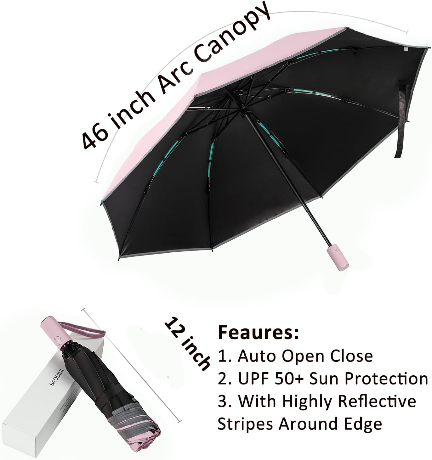 BAODINI Inverted UV Umbrella for Rain and Sun Medium Size UPF 50+ Rverse Compact Umbrella Auto Open Close