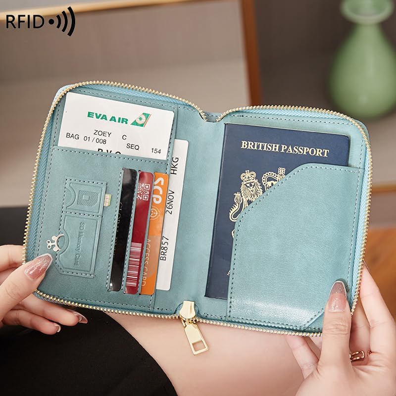 Genuine Leather Wallet Unisex Zipper Passport Holder RFID Blocking Waterproof - Vintage Travel Wallet (Light blue)