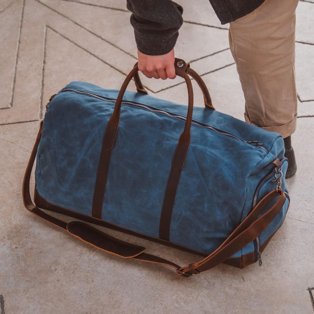 Waxed Canvas Weekender Duffle Bag, Vintage Style Travel Bag with Leather Trim, Army Green (Blue)
