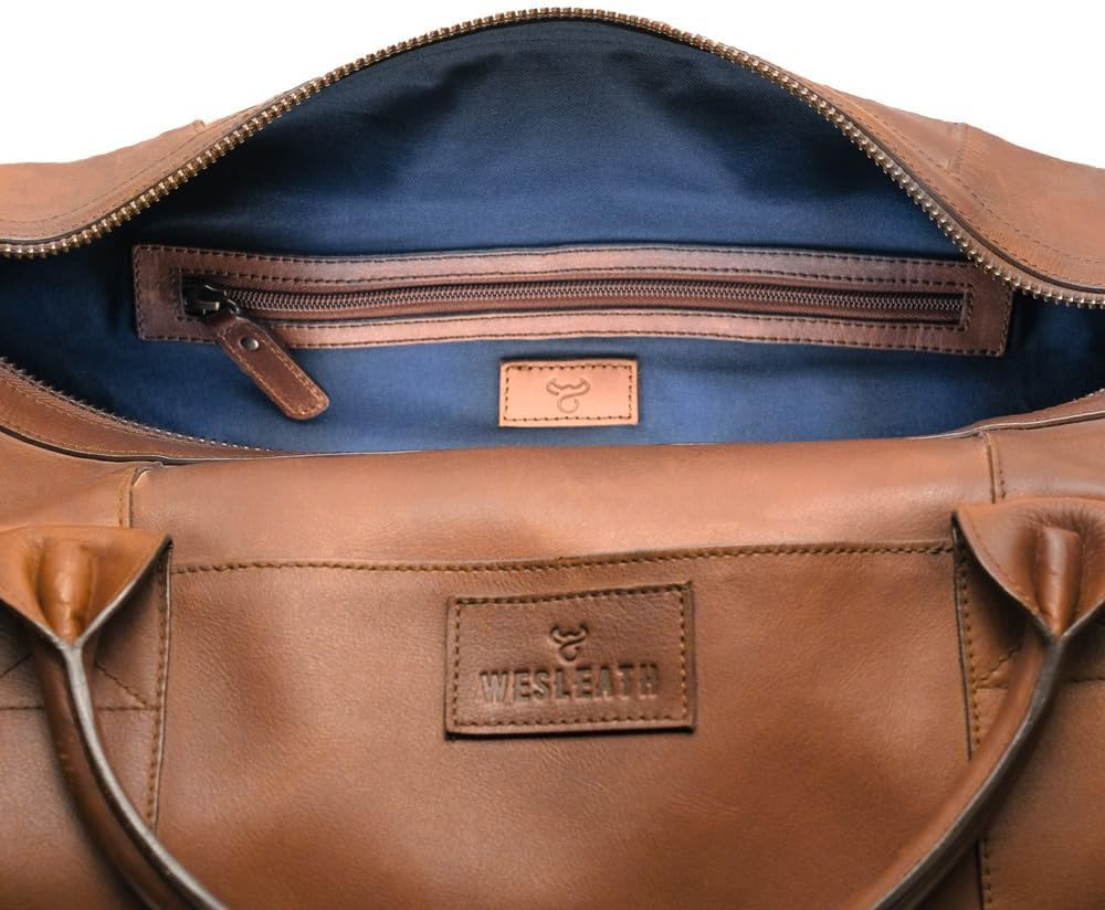 Full Grain Leather Duffle Bag – 25L Travel, Gym & Carry-On Weekender for Men | Handcrafted Overnight Bag with Brass Hardware, Vintage Style