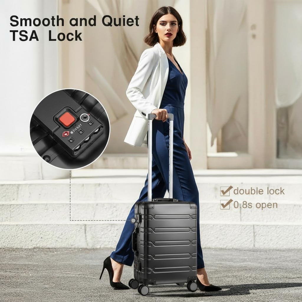 All Aluminum Carry On Luggage with 360°Silent Spinner Wheels and TSA Lock,Airline Approved Lightweight Suitcase for Business Travel (all aluminum 60 [black], 20inch-35x23x55cm)
