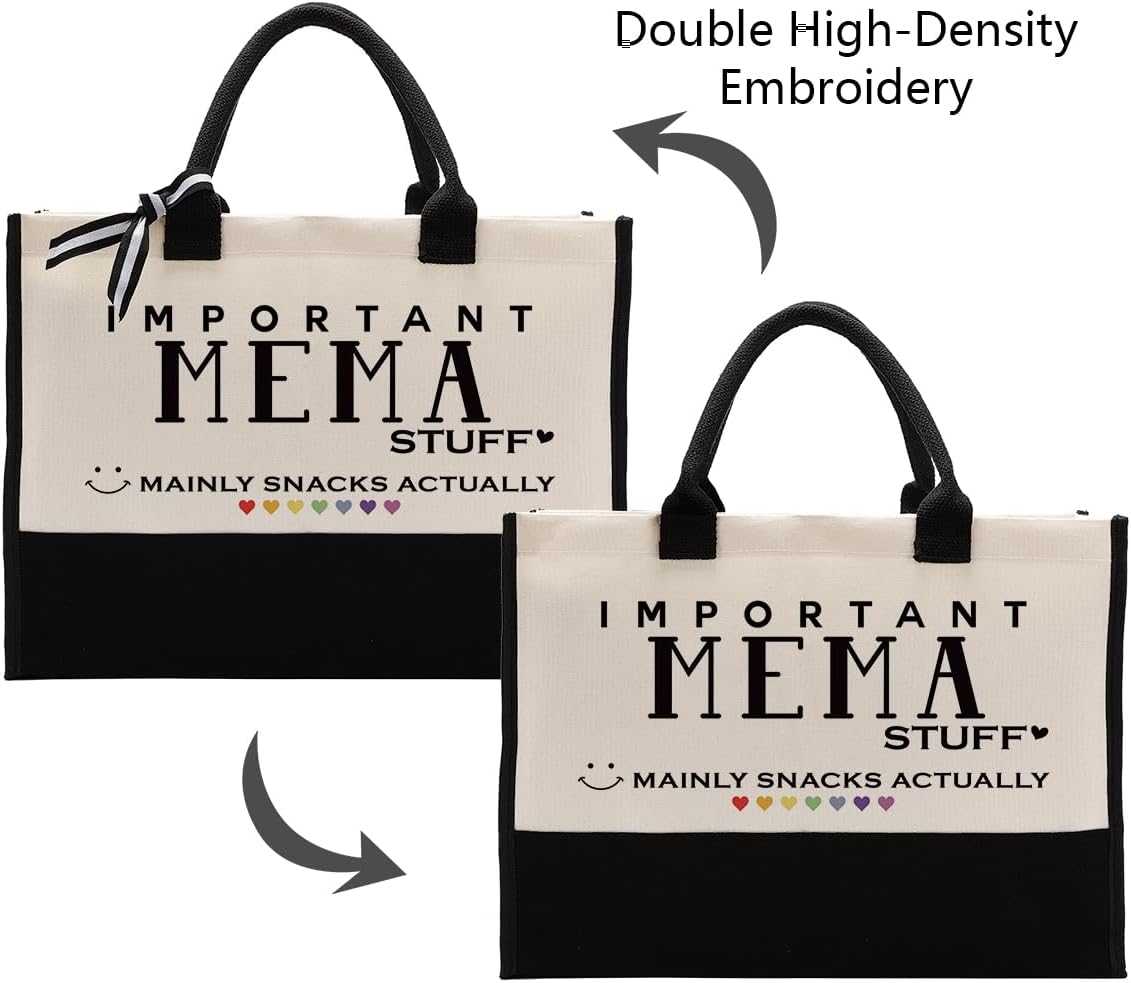 Mema Canvas Tote Bag - Cute Design, Reusable Grocery Bags for Her, Mom & Grandma Gift for Mother's Day, Christmas, Birthday