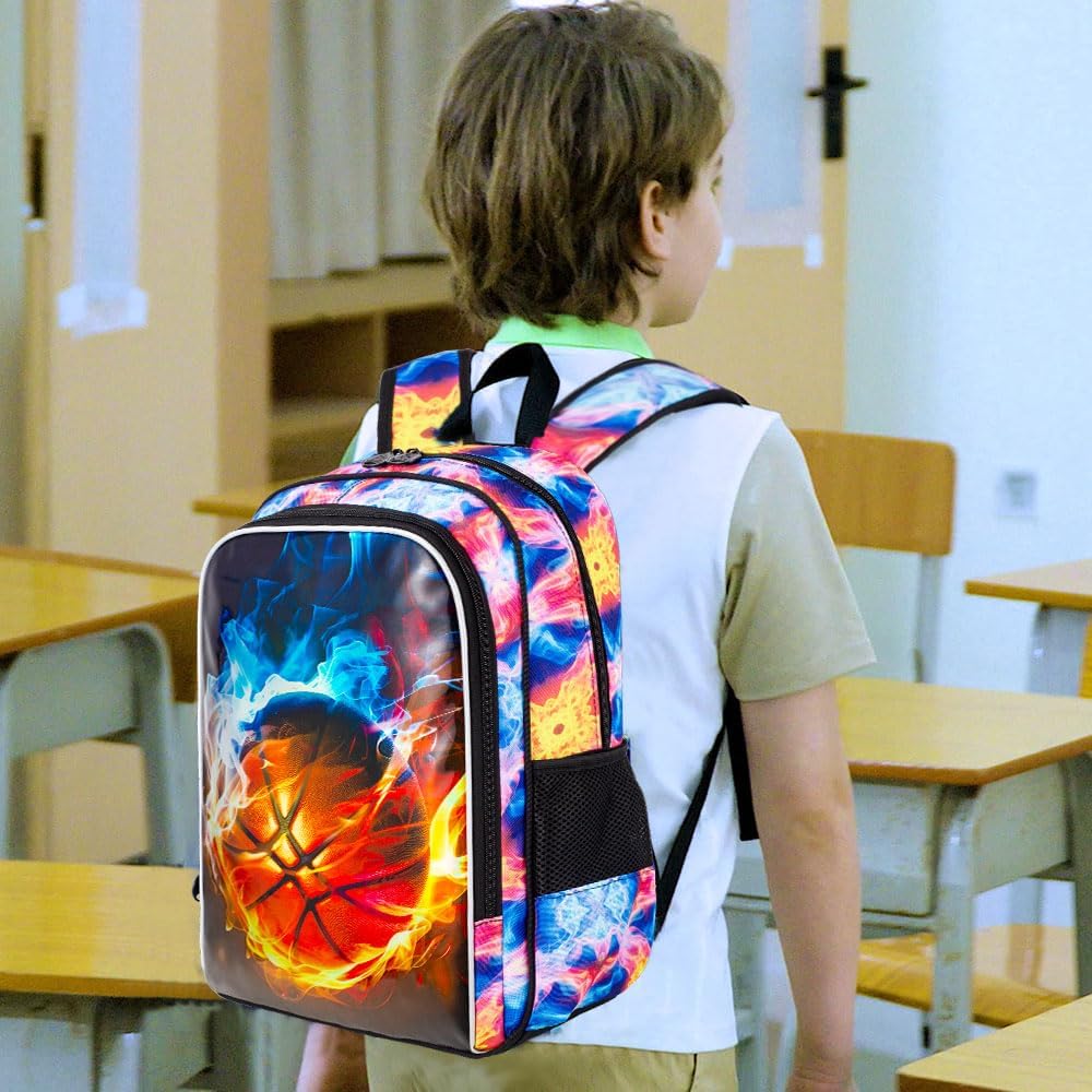UFNDC 3PCS Kids Basketball Backpack, Boys Fire School Bag with Lunch Box, 17" Water Resistant Bookbag for Teenagers Elementary Middle