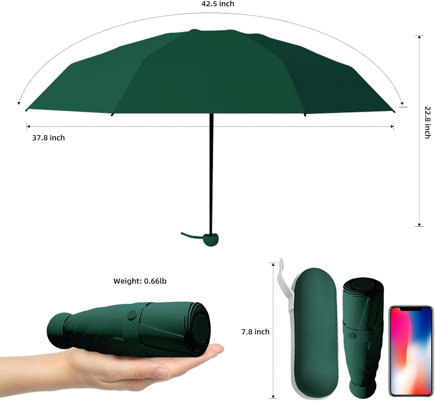 Travel Mini Folding Compact Umbrella with Case, 8 Ribs Lightweight Portable, Small Sun & Rain Pocket Umbrella for Girls and Women