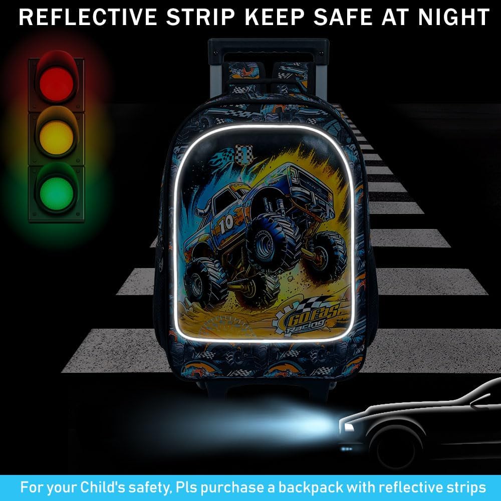 3PCS Truck Rolling Backpack for Boys, Kids Roller Bookbag with Wheels, Car Wheeled School Backpack for Elementary Preschool Kindergarten(Black)
