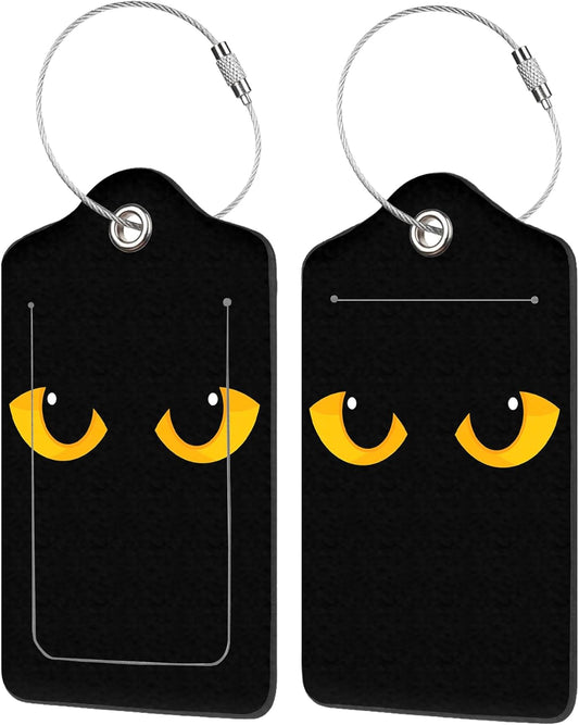 2 Pack Luggage Tag for Suitcase,Yellow Cat Eyes in Darkness PU Leather Suitcase Tags Identifiers with Privacy Name Address Labels and Durable Steel Loop for Women Men Travel