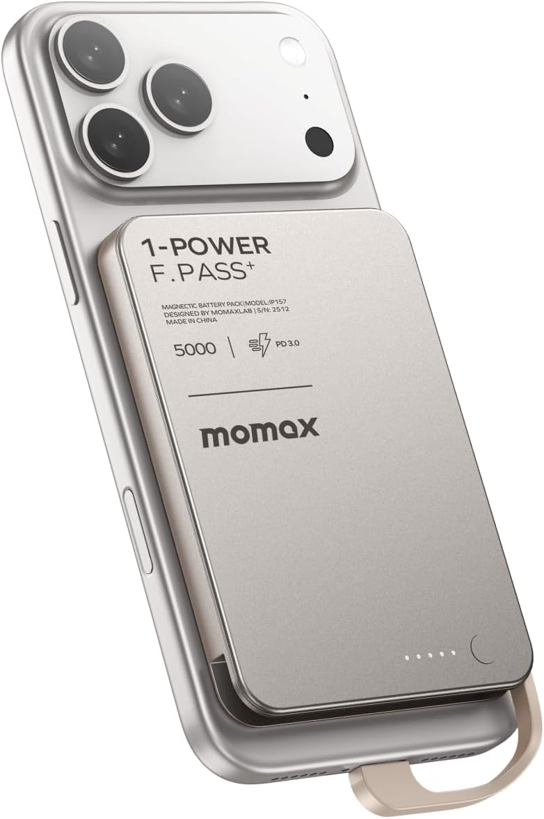 MOMAX Ultra-Slim 5000mAh Portable Power Bank with Built-in USB-C Cable, PD 20W Fast Charging Battery Pack for iPhone 17/16/15, iPhone air, Galaxy, Pixel (No Wireless,No Lighting)