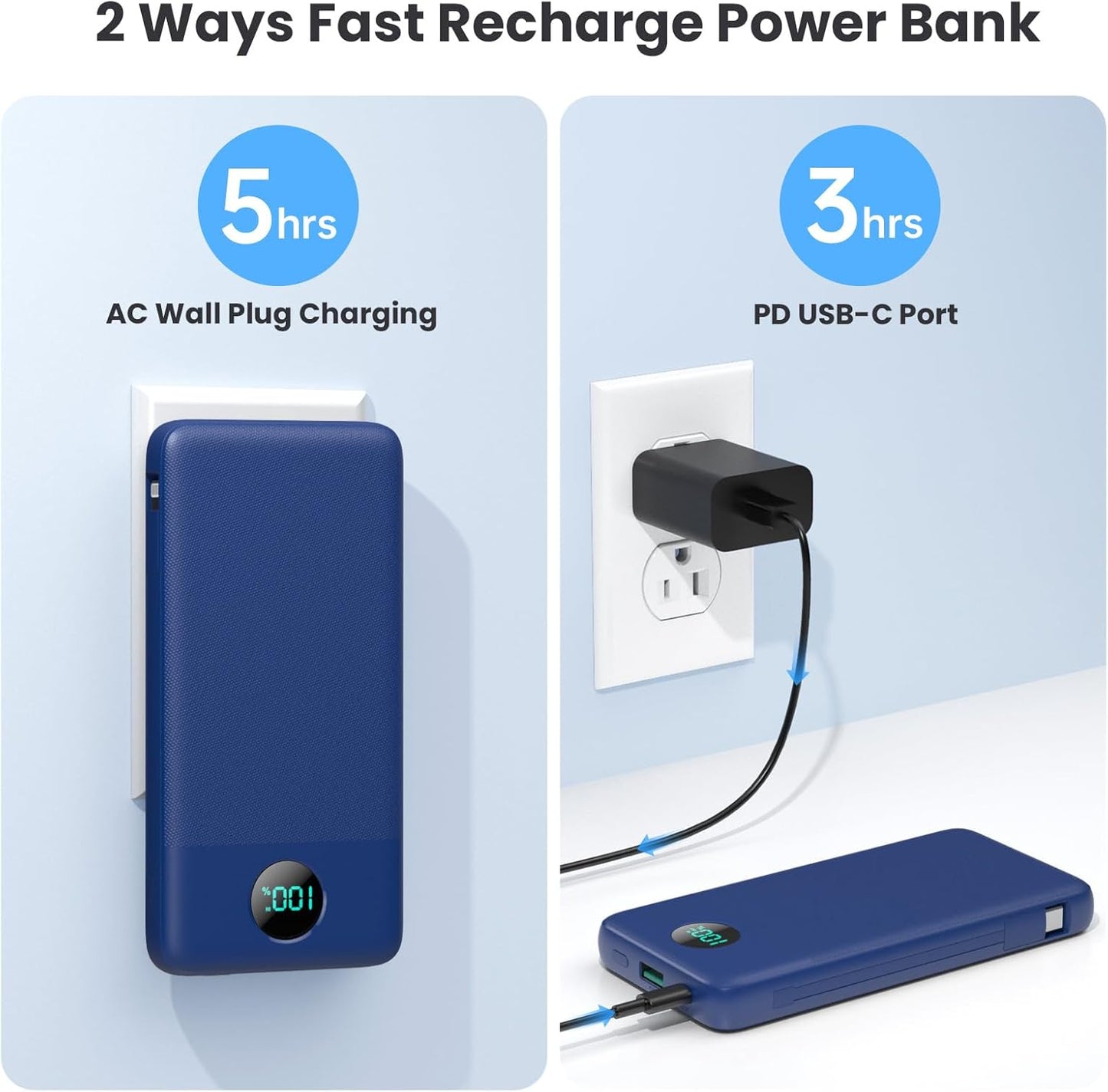 Portable Charger 13800mAh Slim USB C Power Bank with Built in Cables and Wall Plug,LCD Display Lightweight Travel Battery Pack,PD Fast Charging Compatible with iPhone 17,16,Samsung Android-Navy