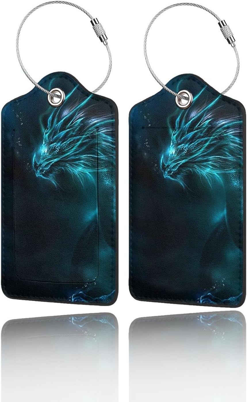 2 Pack Luggage Tags for Suitcase, Privacy Cover ID Label with Stainless Steel and Address Card for Travel Bag Backpack Cruise Ship Essentials Tag Men Boys Kids - Cool Blue Dragon