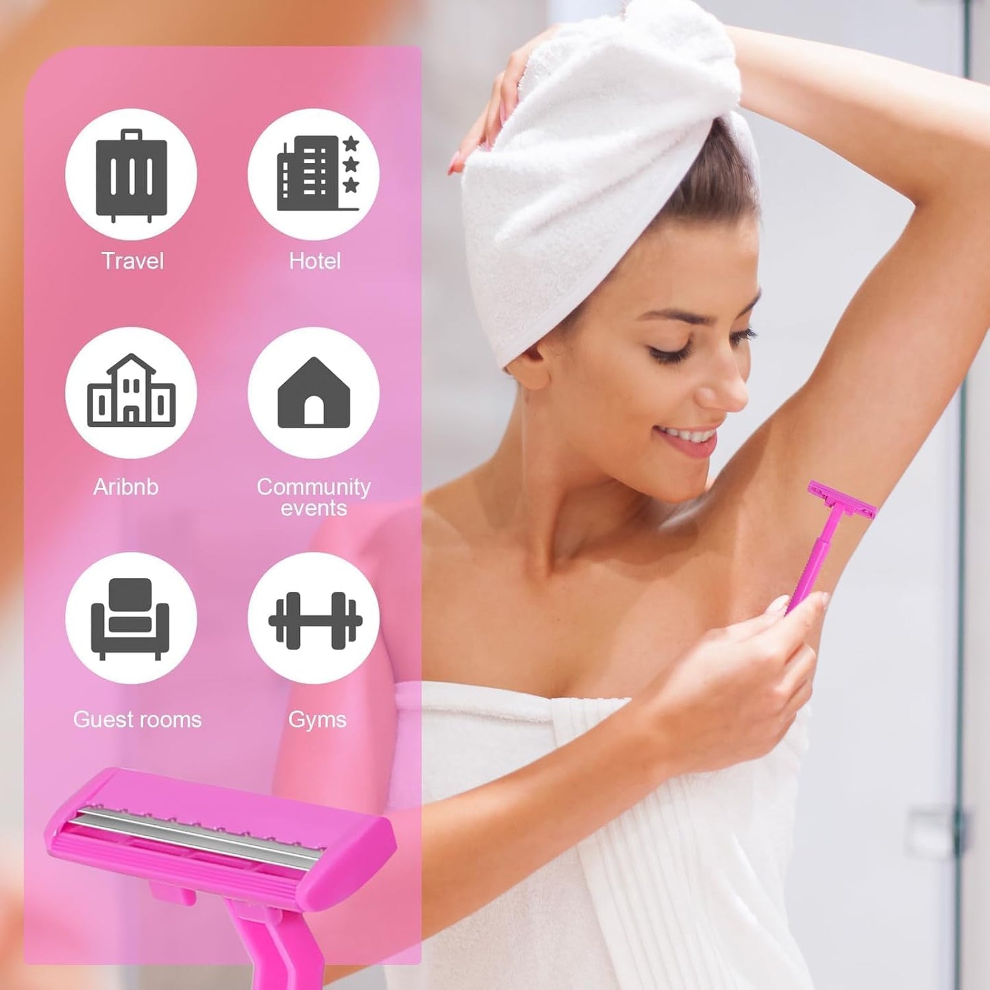 240 Pack Disposable Twin Blade Razors Individually Wrapped, Clear Safety Cap， Multipurpose Portable Shave Razor for Man Woman Bathing Hotel Travel （Pink)