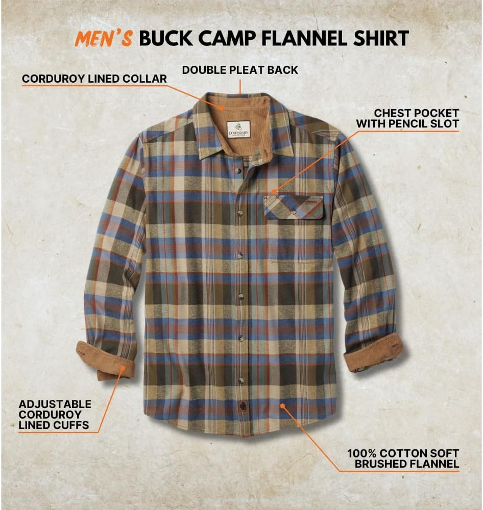 Legendary Whitetails Men's Flannel Shirt Long Sleeve Button Down 100% Cotton
