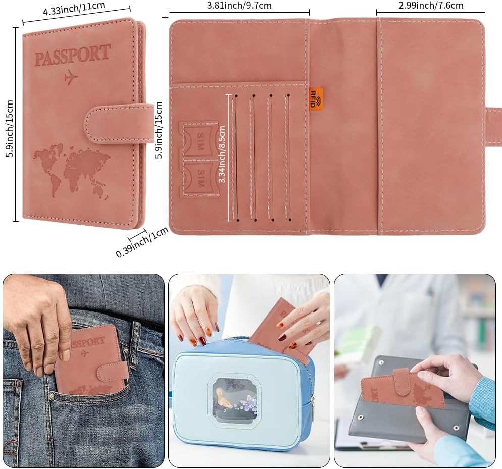 Passport Holder for Travel, Passport Cover Wallet, Premium PU Leather Passport Book Card Holder Case for Women Men, Waterproof RFID Blocking Flying Travelling Essentials Vacation Must Haves, Pink