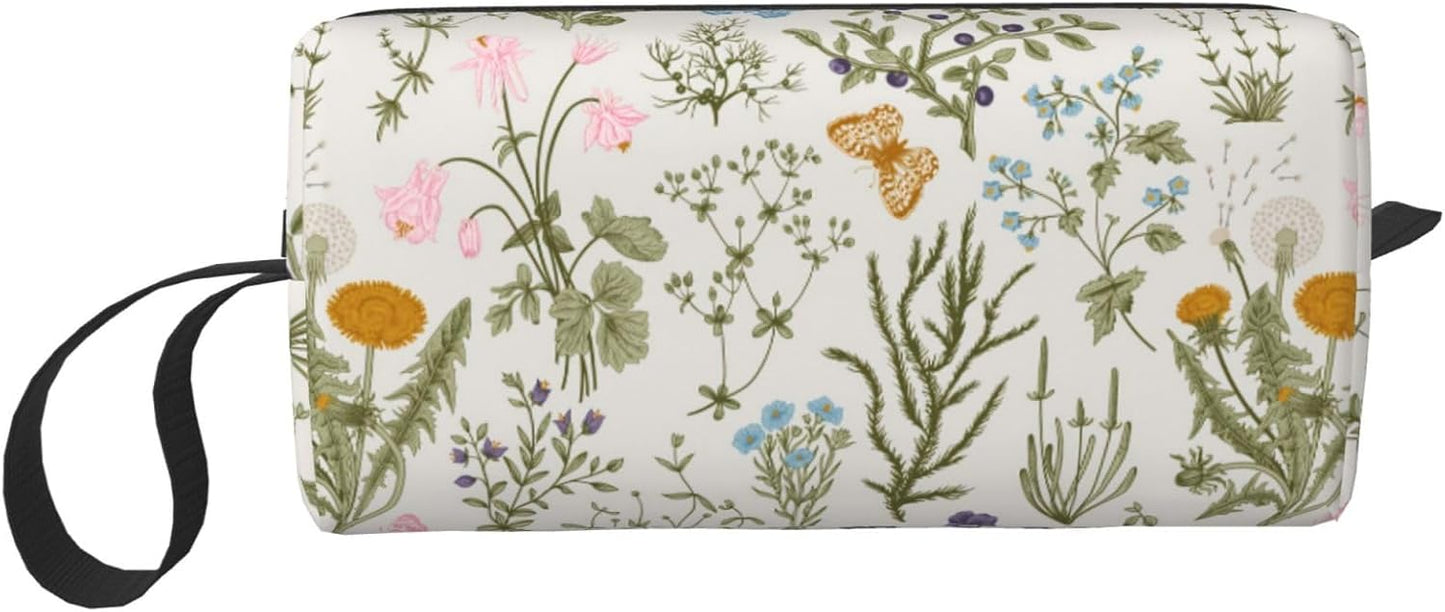 Vintage Herbs Wild Flowers Makeup Bag Small Compact & Durable Travel Organizer Oxford Fabric