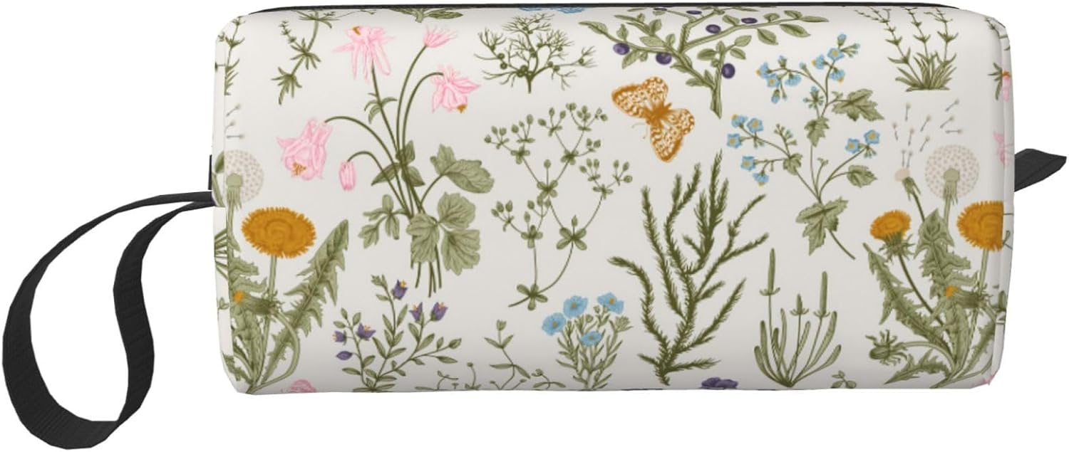 Vintage Herbs Wild Flowers Makeup Bag Small Compact & Durable Travel Organizer Oxford Fabric