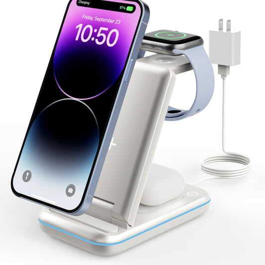 Wireless Charging Station: GEEKERA 3 in 1 Foldable Wireless Charger Stand for iPhone 17 16 15 14 13 12 11 Pro Max/X/8, Charging Station for Apple Watch Ultra/11/10/9/SE/8/7/6/5/4/2, AirPods 2/3/Pro