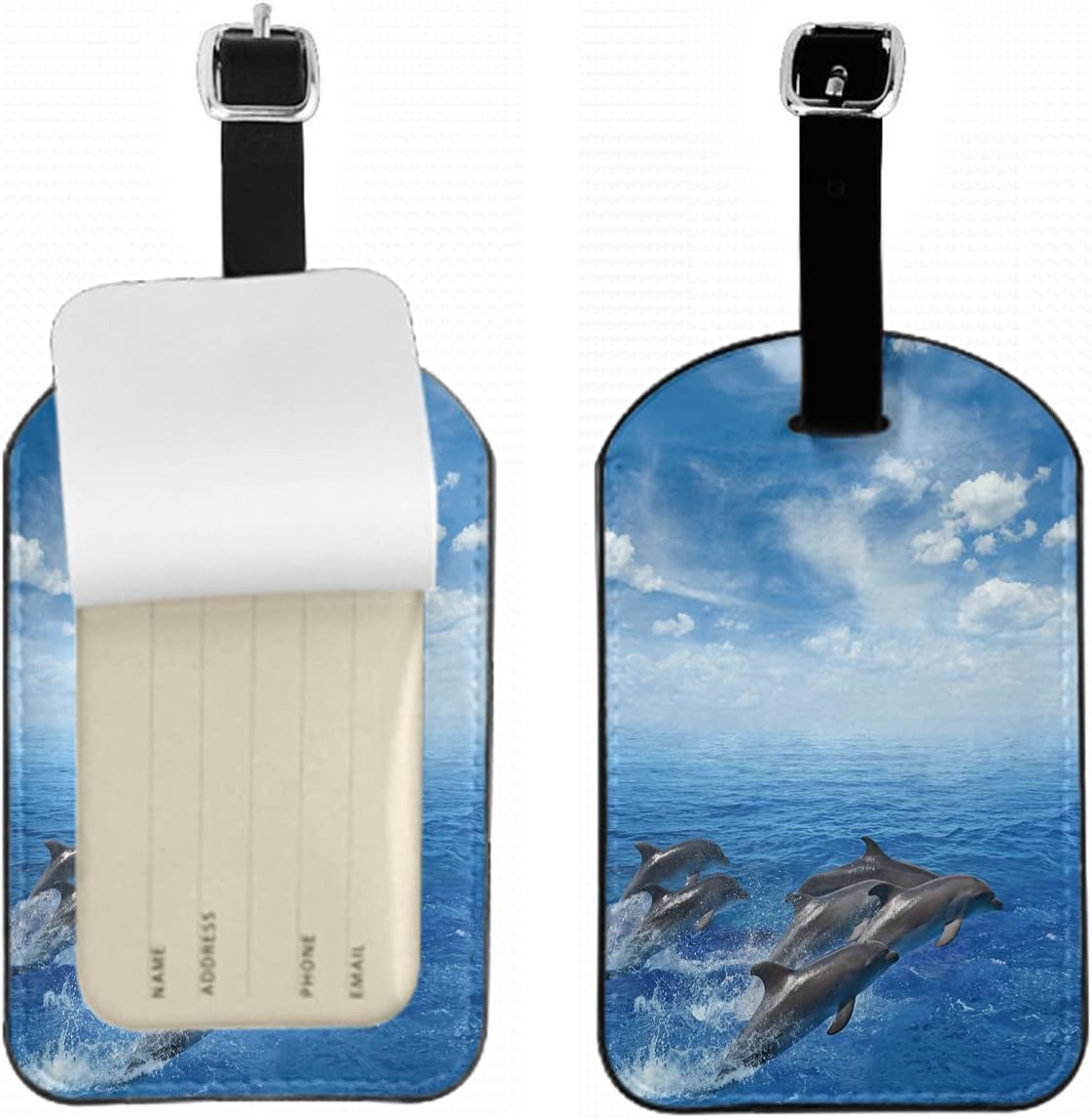 Dolphins Travel Baggage Labels Blue Ocean Blue Sky White Clouds Marine Wildlife Ocean Luggage Tags for Suitcase Handbags Backpacks Full Privacy Protection Cover, 1 Pack