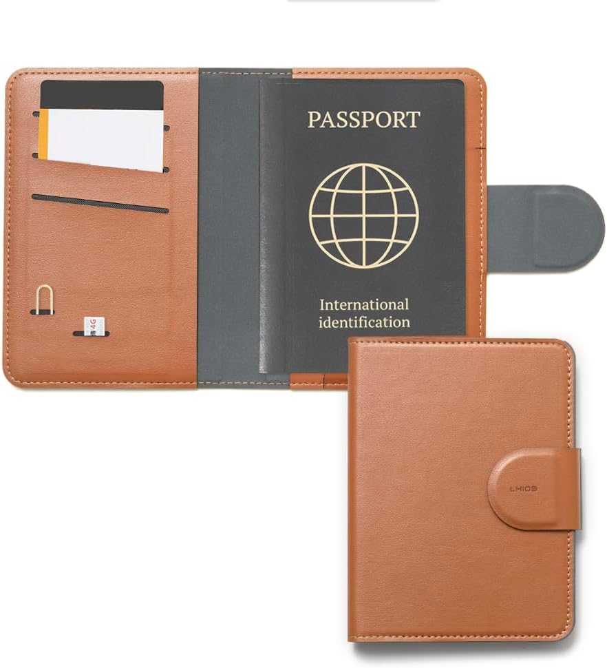 LHiDS Leatherette Passport Holder with RFID Protection, Premium PU Leather, Snap Button Closure, Travel Passport Wallet Cover for Passport, Boarding Passes, Business Cards, Cash (Classic Brown)