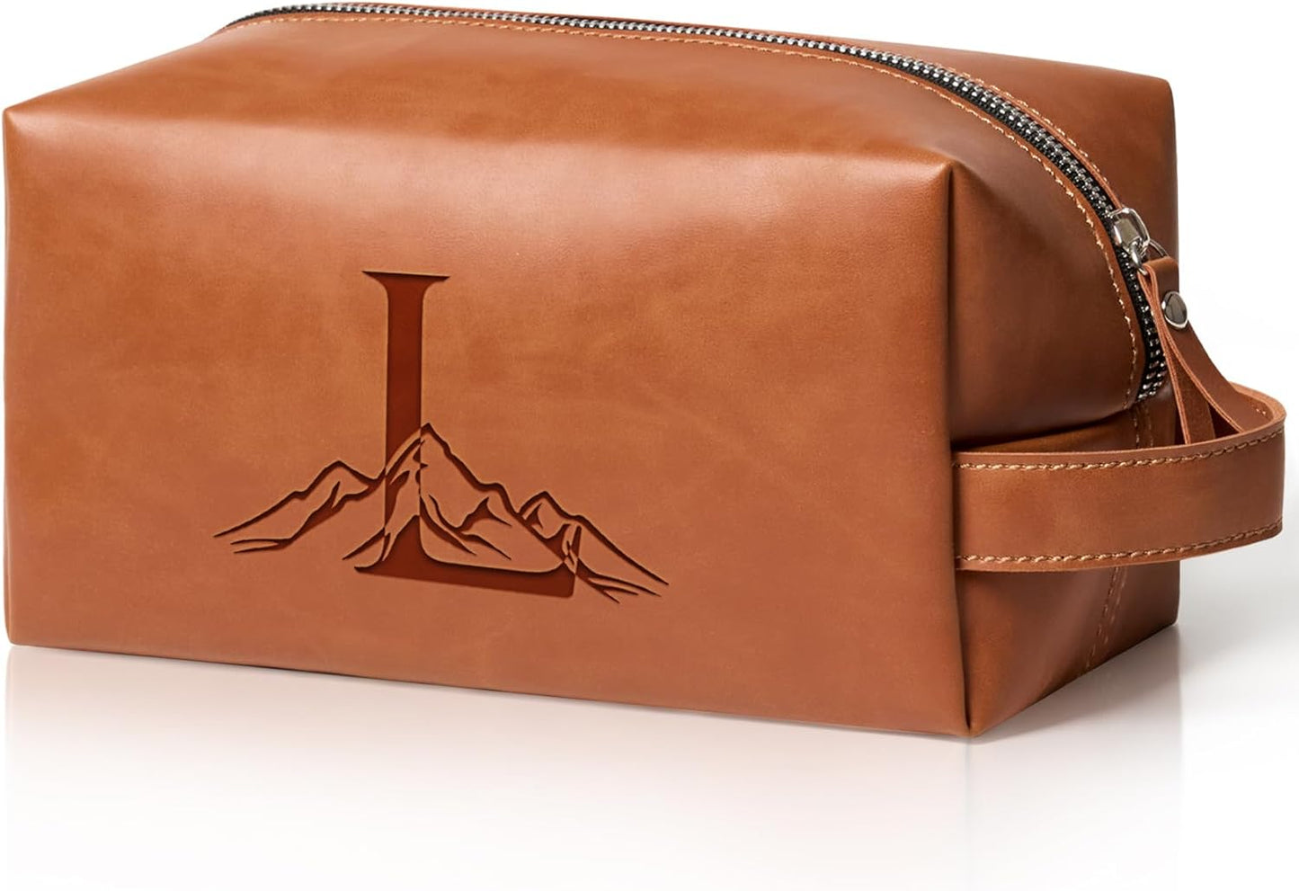 Personalized Gifts Travel Toiletry Bag for Men Engraved Initial PU Leather Waterproof Shaving Bag for Toiletries Accessories Fathers Day Birthday Gift for Men Dad Husband Son, Light Brown L