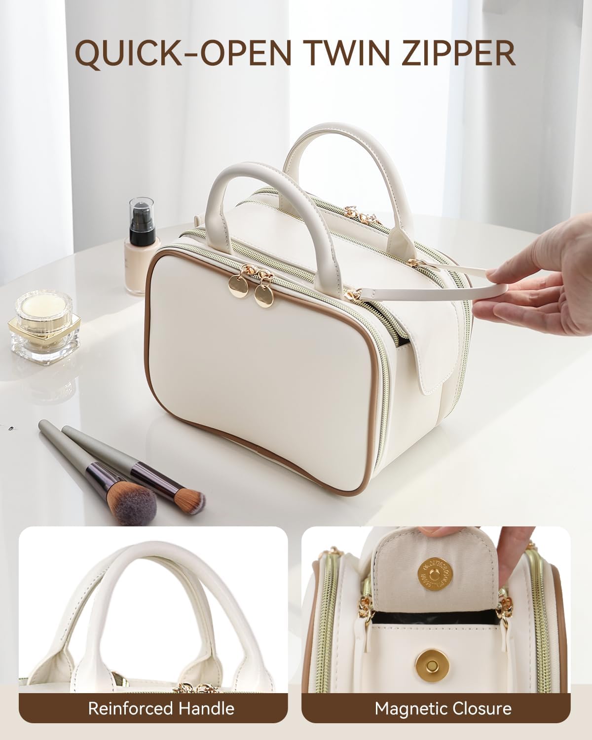 Prite Makeup Bag for Women, Large Capacity Waterproof Travel Cosmetic Organizer, Portable Open Flat Toiletry Bag with Free-standing Brush Holder and Handle(Beige Large)