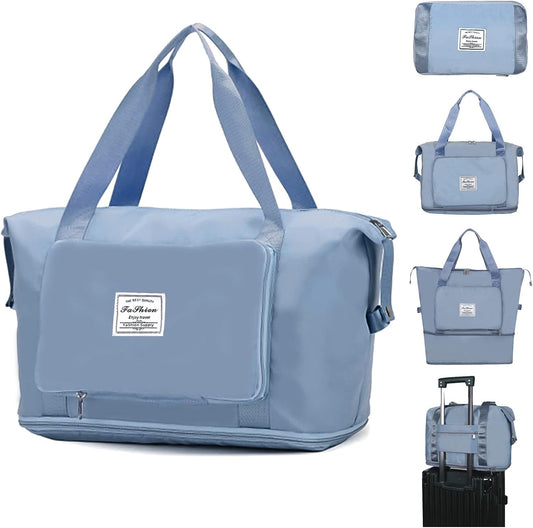 Large Capacity Folding Travel Tote Bag, Oxford Fabric Waterproof Lightweight Foldable Travel Duffel Bag, Portable Expandable Travel Bag, Dry and Wet Separation Carry On Bag for Airplanes