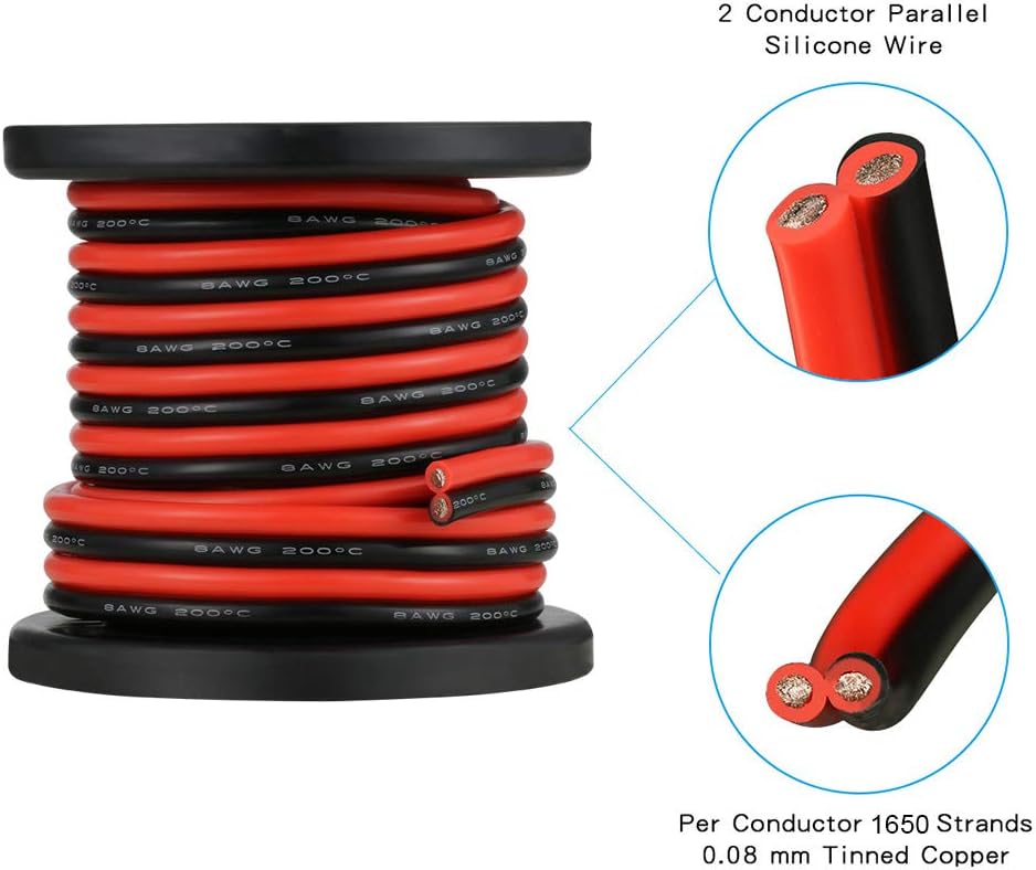 BNTECHGO 8 Gauge Flexible 2 Conductor Parallel Silicone Wire Spool Red Black High Resistant 200 deg C 600V for Single Color LED Strip Extension Cable Cord,Model,20ft Stranded Tinned Copper Wire