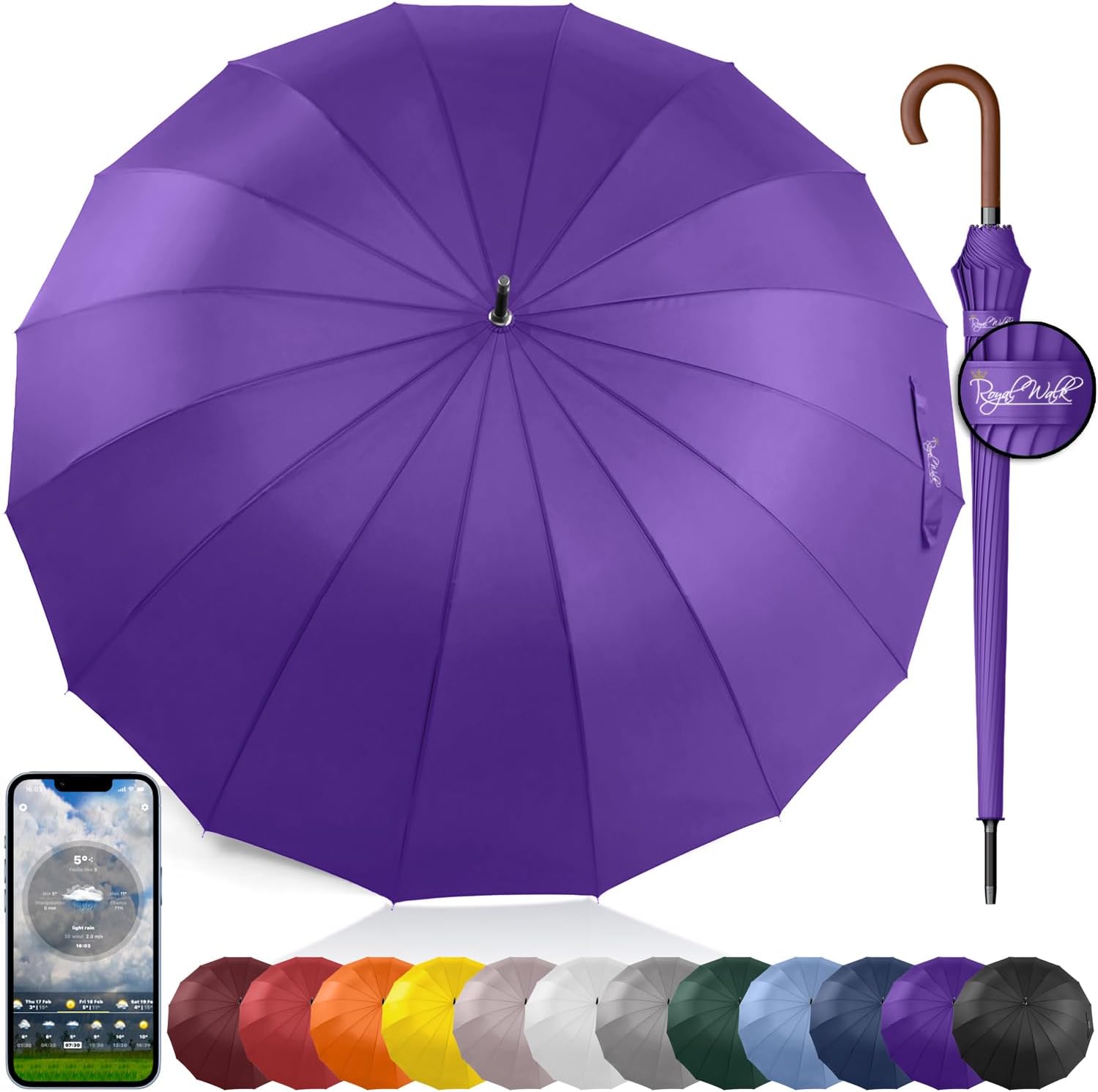 Royal Walk Windproof Large Umbrella for Rain 54 Inch Automatic Open for 2 Persons Wind Resistant