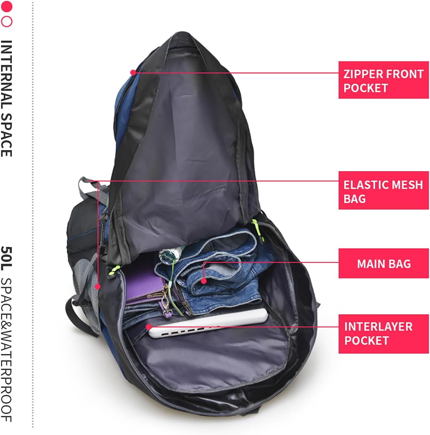 Bseash 50L Hiking Backpack, Water Resistant Lightweight Outdoor Sport Daypack Travel Bag for