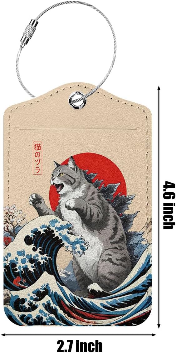 2Pcs Funny Japanese Cat Luggage Tag, Suitcase Tags with Privacy Flap and Metal Loop, Luggage Tags for Suitcases, Identifiers Travel Essentials Bag Tag, Cat Lovers Gifts for Women Girls Friends