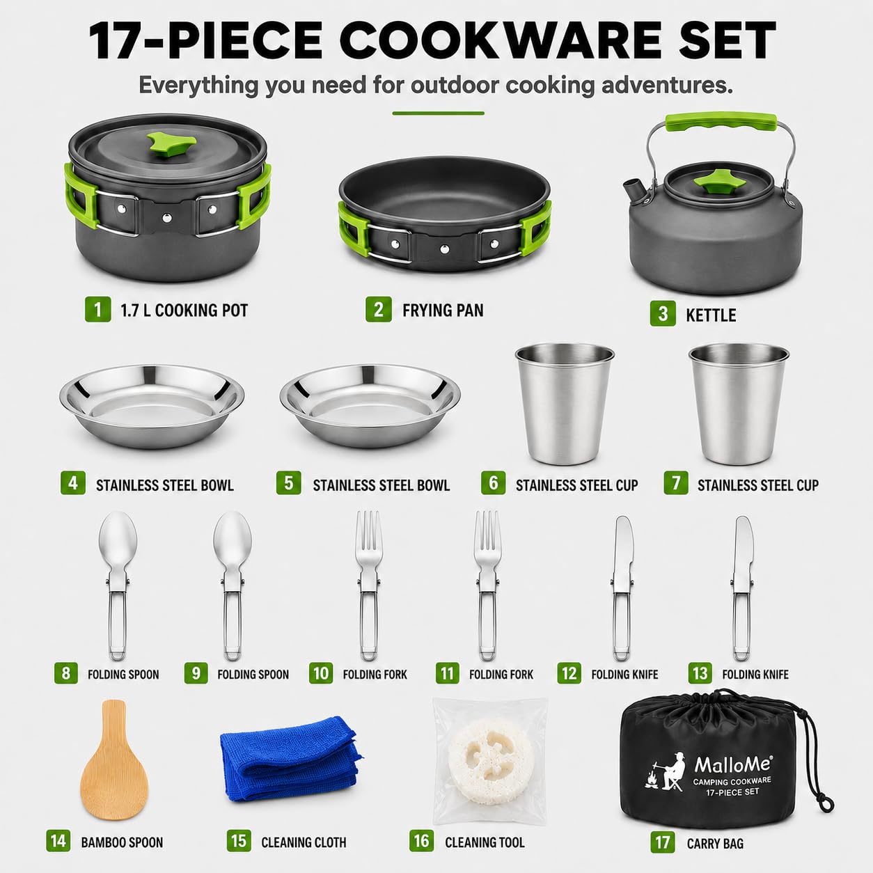 MalloMe Camping Cookware 17 pcs Mess Kit with 1.1L Kettle for Backpacking Gear – Camping Cooking