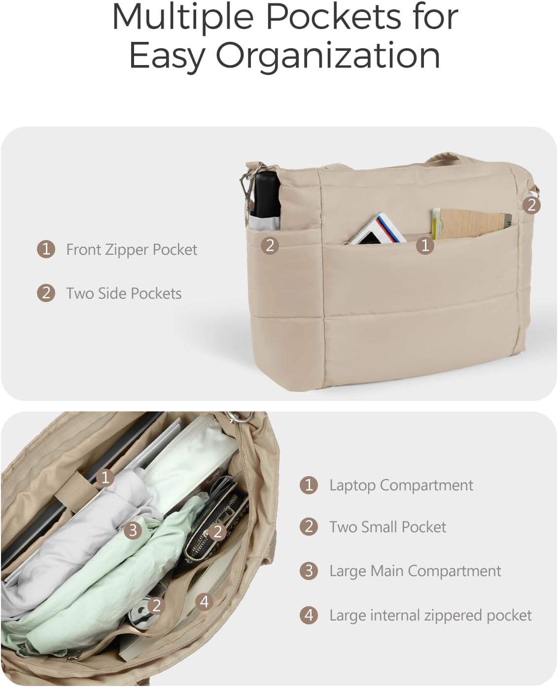 Puffer Tote Bag for Women, Lightweight Quilted Work Purse with Phone Pocket Fits 15.6" Laptop for Nurse Teacher Travel