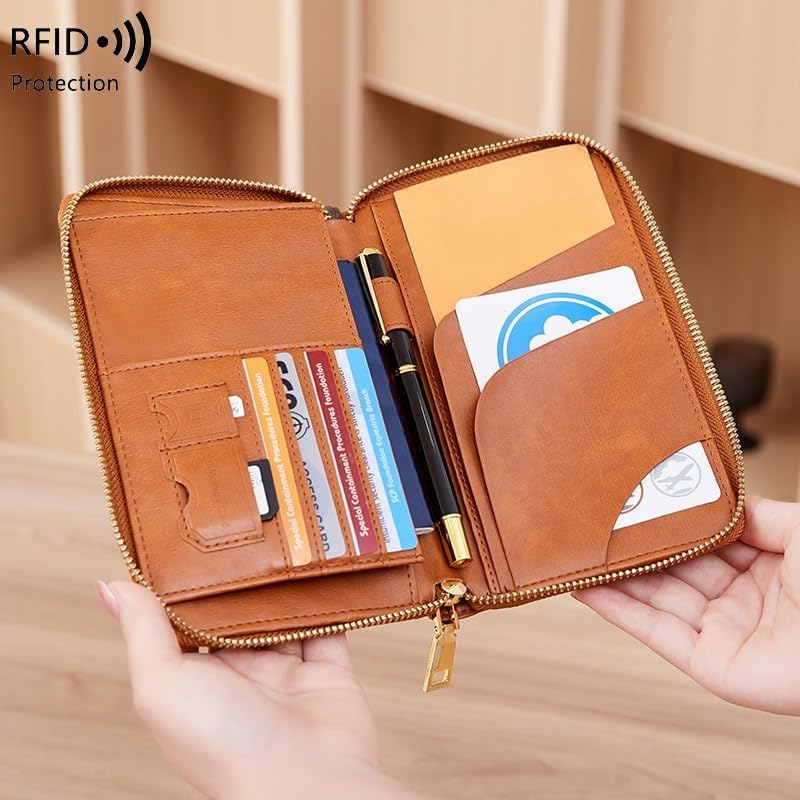 Unisex genuine leather wallet multifunctional RFID travel passport holder with protective cover (Brown)