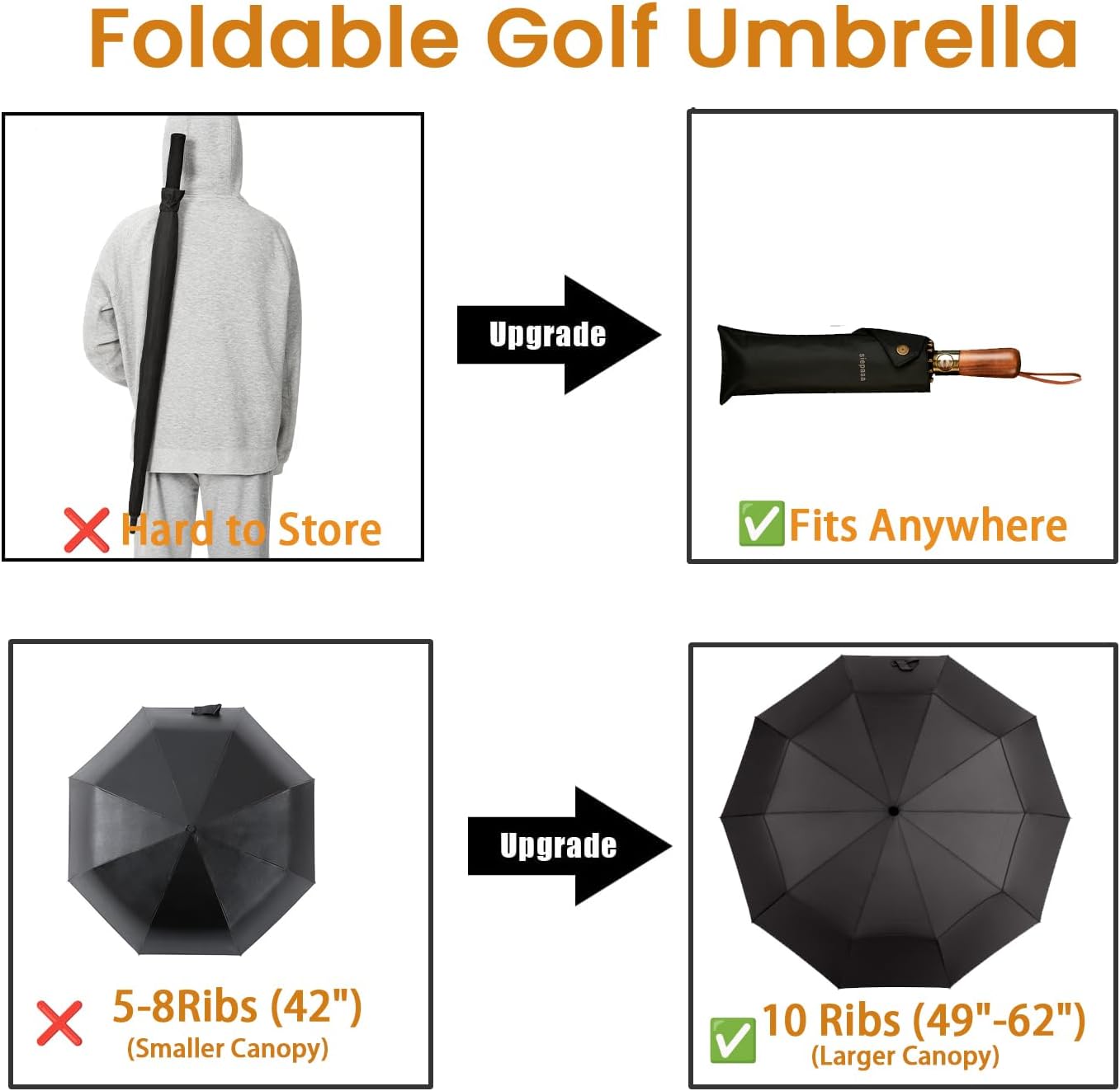 SIEPASA 49/54/62 Inch Windproof Golf Umbrella - Automatic Open/Close, Real Wood Handle - Large Folding Travel Umbrella for Wind, Rain & Sun Protection.